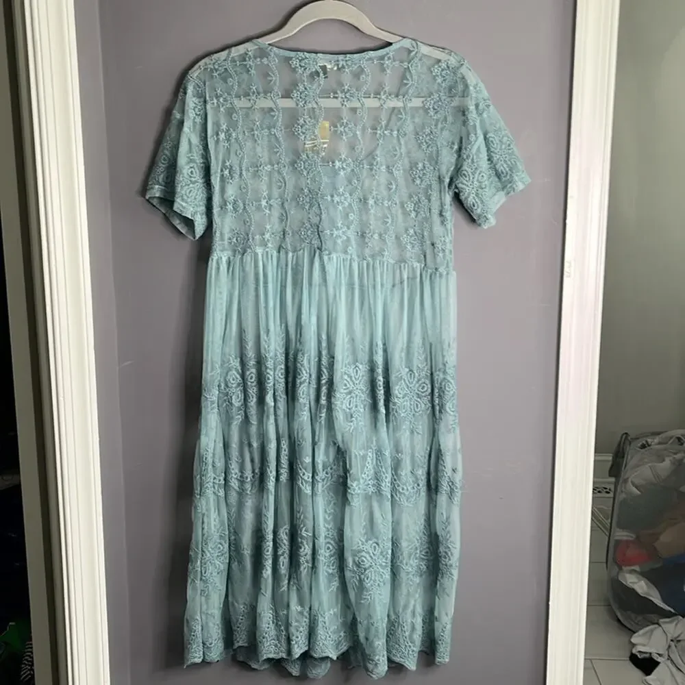 Suzanne Betro Gray Sheer Lace Crochet Long Top Medium
